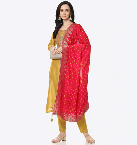 Women Mustard & Red Embroidered Unstitched Dress Material